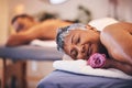 Relax, couple and massage at a spa for senior people on a table for wellness, zen and skincare treatment. Peace, luxury