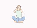 Relax cross legged woman hearing music from headphones simple korean style illustration