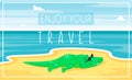 Relax cute adorable crocodile on the sunny beach. Yellow sand and blue sea. Beautiful summer landscape banner. Vector Royalty Free Stock Photo