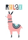 Relax - Cute kids hand drawn nursery poster with llama animal and lettering.