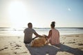 Relax, dog and happy with couple at beach for peace, summer and sunset vacation. Love, support and travel with man and Royalty Free Stock Photo