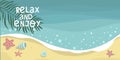 Relax and enjoy and palm tree, shells and starfish, water and beach, lettering hand drawing calligraphy, vector Royalty Free Stock Photo
