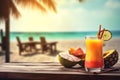 Sipping a Refreshing Tropical Cocktail on a Sandy Beach Bar Table, Enjoying a Perfect Summer Vacation, Generative AI