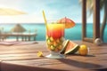 Sipping a Refreshing Tropical Cocktail on a Sandy Beach Bar Table, Enjoying a Perfect Summer Vacation, Generative AI