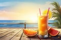 Sipping a Refreshing Tropical Cocktail on a Sandy Beach Bar Table, Enjoying a Perfect Summer Vacation, Generative AI