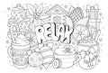 Relax hand drawn coloring page with winter holiday objects for kids and adults. Cute antistress Christmas coloring book sheet