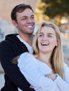 Relax, happy and couple at the beach for a date, bonding and quality time. Laughing, romantic and man and woman with Royalty Free Stock Photo