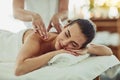 Relax, happy and massage with woman in spa for wellness, luxury and cosmetics treatment. Skincare, peace and zen with Royalty Free Stock Photo