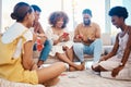 Relax, happy people or friends playing cards, poker or black jack at home for gambling together in a party. Smile, men Royalty Free Stock Photo