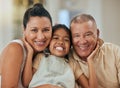 Relax, happy and portrait of girl and grandparents together for support, smile and hug in family home. Care, retirement Royalty Free Stock Photo