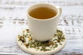 Relax herbal tea on a wooden background. Close up Royalty Free Stock Photo