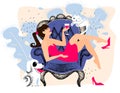 Relax at home on armchair, the hedonist enjoys and chilling. pets at home, dog ang cat. hedonism. girl in pink dress is Royalty Free Stock Photo