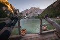 Relax on lago di braies in italien dolomites, travel and adventure photography