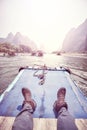 Relax on the Li River bamboo raft, China. Royalty Free Stock Photo