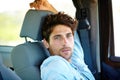 Relax man, car portrait and road trip break, rest or wellness on street journey, summer travel or Canada vacation