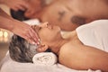 Relax, massage and head of old woman in spa for vacation, luxury and beauty salon. Peace, wellness and holiday with Royalty Free Stock Photo