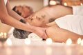 Relax, massage and wellness with old couple in spa for vacation, luxury and beauty salon. Peace, zen and holiday with Royalty Free Stock Photo