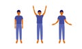 Relax morning workout, inhale exhale vector illustration with young man raising hands up, taking deep breath, down exhales