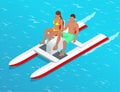 Relax on the paddle boat. Couple on pedalo also called pedal boat on a lake. summer time concept. Flat 3d isometric