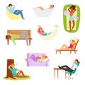 Relax people vector man woman character relaxing on sofa bench hammock in park illustration set of young person sitting