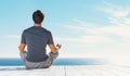 Relax person, blue sky and yoga meditation for spiritual peace, freedom or healing zen soul, aura or chakra energy