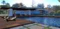 Relax by the pool on the cozy patio. Bar counter and sun loungers. Modern house and tropical landscape in the background. 3d