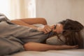 Relax, portrait and woman in bed at her home on weekend morning for calm, rest or sleeping. Confident, beautiful and Royalty Free Stock Photo
