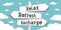 Relax, refresh, recharge - outline signpost with three arrows