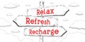 Relax, refresh, recharge - outline signpost with three arrows