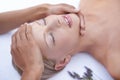 Relax, reiki and facial massage, woman in spa for health, wellness and luxury treatment with eyes closed. Beauty salon