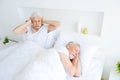 Relax, rest, retired, concept. Gray hair woman twisted her face Royalty Free Stock Photo