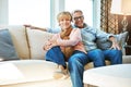 Relax, retirement and portrait of couple on sofa for bonding, healthy relationship and marriage. Happy, home and senior