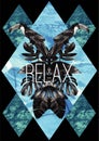 Relax slogan. watercolor toucan, graphic leaves and blue sea mir