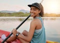 Relax, smile and kayak with woman on lake for summer, travel and vacation in nature. Adventure, happy and lifestyle with