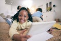 Relax, smile and portrait of black girl and tablet on floor of living room for elearning, streaming or education app