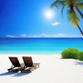 Relax in style on a beautiful white sand beach with beach chairs and anagainst a stunning blue sky and Perfect for vacation