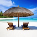 Relax in style on a beautiful white sand beach with beach chairs and anagainst a stunning blue sky and Perfect for vacation