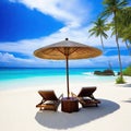 Relax in style on a beautiful white sand beach with beach chairs and anagainst a stunning blue sky and Perfect for vacation