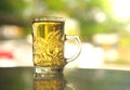 Relax tea in clear glass with nature background Royalty Free Stock Photo