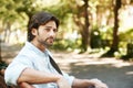 Relax, thinking or person in park on a bench in summer for fresh air, holiday vacation or break in garden. Mental health Royalty Free Stock Photo