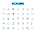 Relax time linear icons set. Serenity, Tranquility, Calmness, Bliss, Peacefulness, Repose, Chillaxing line vector and