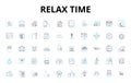 Relax time linear icons set. Serenity, Tranquility, Calmness, Bliss, Peacefulness, Repose, Chillaxing vector symbols and