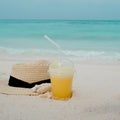 Relax on a tropical island, concept. Protection from sun and heat. Straw hat and pineapple juice Royalty Free Stock Photo