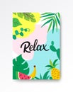 Relax tropical poster A4. Hand drawn lettering with leaves and fruits. Summer holiday concept. Tropical vacation banner