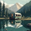 Camper Trailer on the Edge of a Secluded Lake