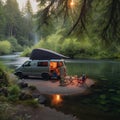 Camper Van on the Edge of a Tranquil River