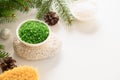 Relax and wellness before Christmas holiday. Cosmetic sea salt, wellness objects.