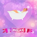 Relax woman, beautiful young brunette girl having a relaxing bubble bath in vintage bathtub cartoon vector illustration. Royalty Free Stock Photo