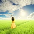 Relax Woman in rice fields and sunset