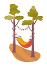 Relax wood place, hammock on tree outdoor place, rest vacation area cartoon vector illustration, isolated on white Royalty Free Stock Photo